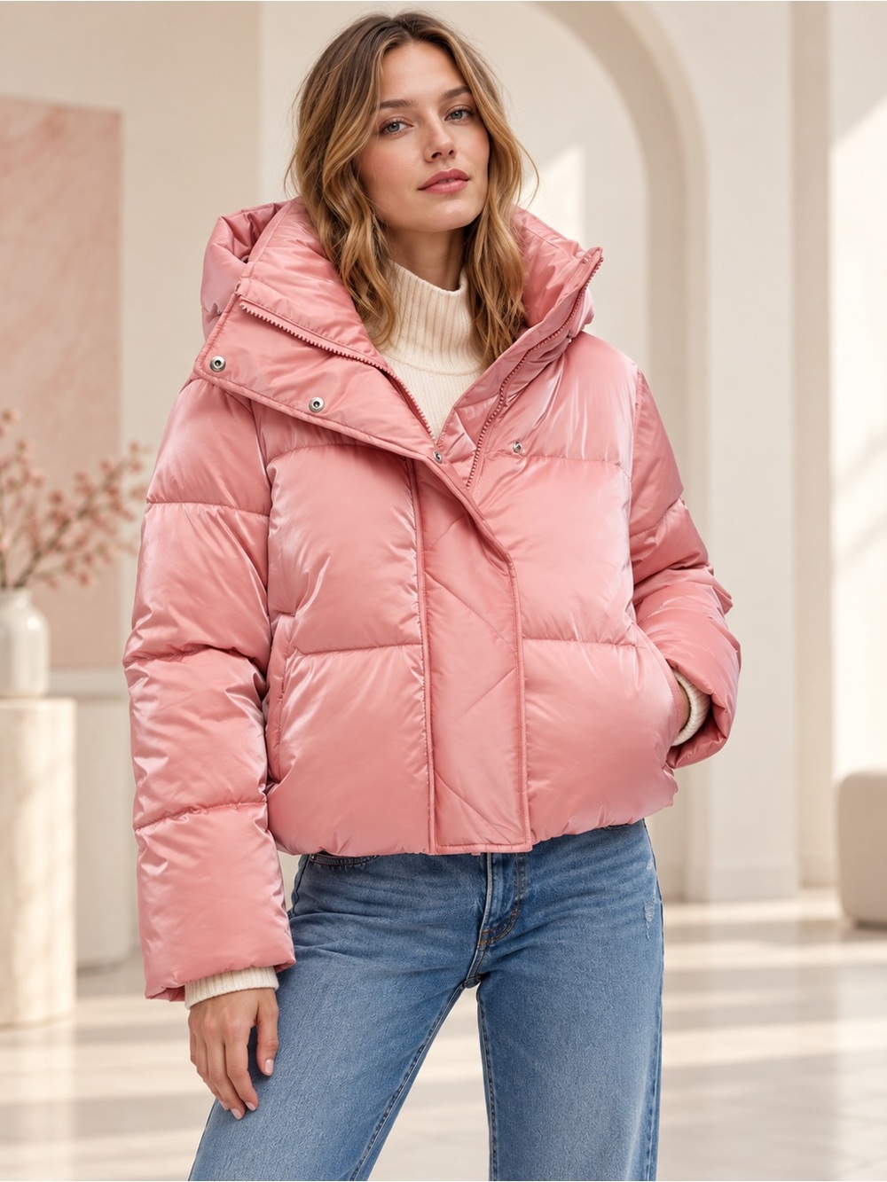 GAP Big Puff Cropped Shiny Puffer Jacket | Antique Pink